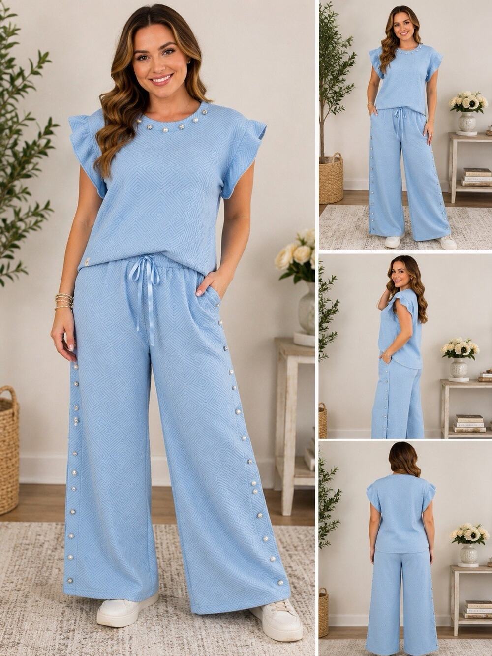 Simply Southern NWT XL Blue 2 Pc Lounge Set Pearl Rhinestone Top Wide Leg Pants - Picture 1 of 16